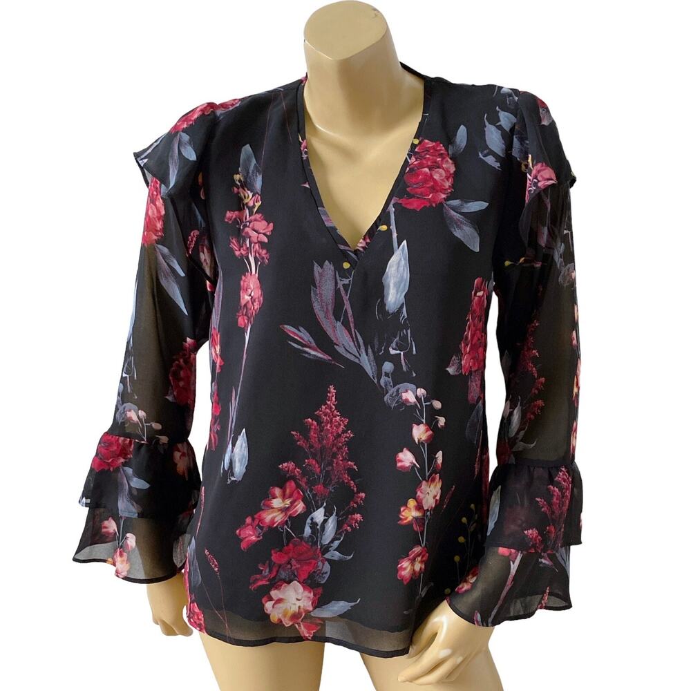 A NEW DAY Womens Size Small Sheer Floral Print Bell Sleeve Boho V Neck Top Shirt